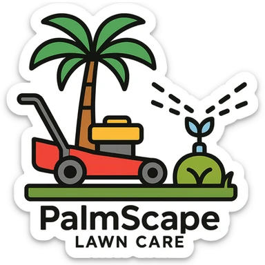 Add the company name text 'PalmScape Lawn Care' in a clear, friendly font below the logo. sticker