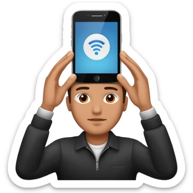 a guy holding 1 smartphone with both hands horizontally on top of his forehead sticker