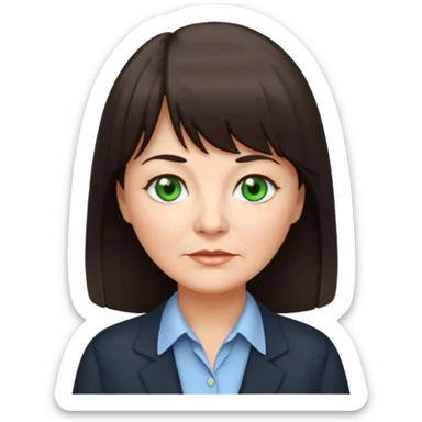 60 yr old woman, green eyes, long straight dark brown hair, business shirt, chubby, bangs sticker