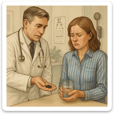 A realistic or illustrative style image of a doctor in a white coat giving pills to a woman with a suffering expression. The woman holds pills and a glass of water. The background is a medical office, inspired by the reference image. sticker