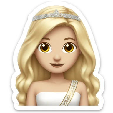 a white pageant girl with long blonde hair and brown eyes with a sash  sticker