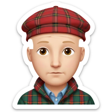 a bald man wearing a tartan flap cap looking really hopeful sticker