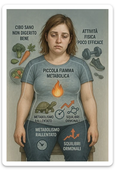 Donna tra i 25 e i 35 anni con fisico leggermente gonfio e postura affaticata, seduta con sguardo stanco. In trasparenza sul suo corpo, si vedono elementi simbolici: una fiamma metabolica molto piccola nel centro dell’addome, una tartaruga accanto a un simbolo di orologio rallentato, indicatori visivi di insulino-resistenza e squilibri ormonali. Intorno a lei: cibo sano non digerito bene, attività fisica poco efficace. Colori spenti attorno al corpo, con toni freddi e lentezza visiva. Stile realistico con elementi infografici e simbolici integrati IN ITALIANO sticker