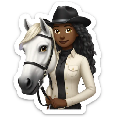Pretty black equestrian woman long hair cream top holding black stallion reins sticker