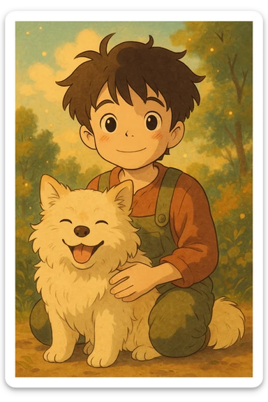kid and his pet dog in studio ghibili style sticker