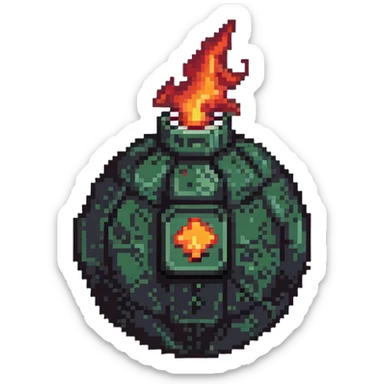 Red digital bomb with flame-shaped fuse at the top, round black bomb body with red accents, pixel art style sticker