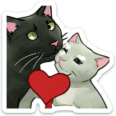 Black cat is bigger and he is kissing a white cat with hearts  sticker