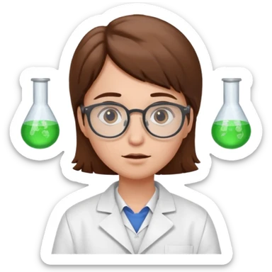Portrait of a young scientist wearing a white lab coat, glasses, curious expression sticker
