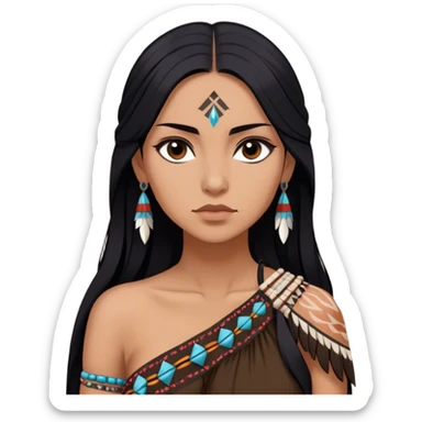 Cinematic Realistic Pocahontas Portrait, depicted with lifelike skin texture, soft natural lighting, and intricately detailed long, flowing raven-black hair that moves gracefully in the wind. Her deep, soulful dark brown eyes exude wisdom and strength, complemented by a serene yet powerful expression. She is dressed in her classic one-shoulder native american dress, with rich fabric textures and delicate beaded details that catch the light beautifully. The portrait features a soft, sun-kissed glow with a natural, radiant finish, capturing the essence of untamed beauty and deep connection to nature in a realistic and painterly style, evoking a sense of depth and authenticity. sticker
