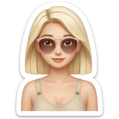 Clean girl influencer character, chest-up portrait, minimal aesthetic, natural glowing skin, soft confident smile, sleek hair, neutral pastel outfit, wearing trendy sunglasses on head, subtle beauty accessories, stylish hair clip, calm luxury vibe, clean modern illustration style sticker
