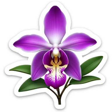 Cinematic Realistic Orchid Emoji, Exotic and elegant, with intricate, velvety petals in deep purple and white, forming a delicate and symmetrical blossom. The slender green stem holds the flower high, while surrounding leaves add lush contrast. Soft glowing outline, capturing the essence of rare beauty and sophistication in a captivating orchid. sticker