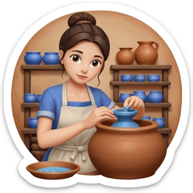 Brunette girl with bun, behind pottery wheel sticker