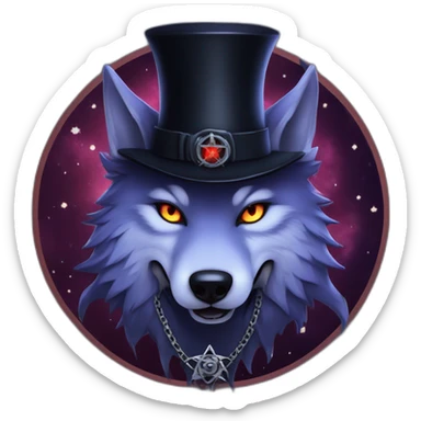 demonic wolf with a pentagram top hat and a pentagram chain with a haunting night background sticker