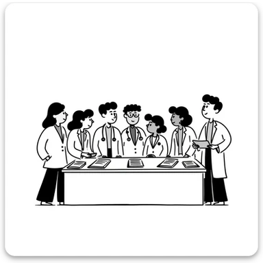 Hand-drawn meeting of emergency medical fund committee with doctors, nurses and financial documents sticker