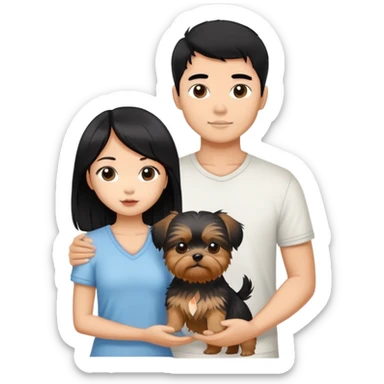 beautiful asian girl with black hair holding a yorkshire terrier, standing next to her tanned boyfriend holding a shih tzu sticker