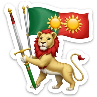 Make flag with three color, upper color should be green and middle be white and in down should be red, and add a lion with a sword on his hand and a sun in his back in the middle of flag in white color. sticker