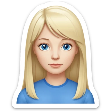 40 yr old white woman, pale skin, long straight blond hair parted in center, blue eyes, bangs sticker