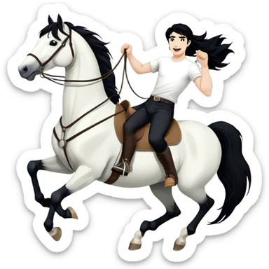 A hand-drawn, black-and-white digital illustration in a playful, cartoonish style. A man with solid black hair and solid black pants is riding a horse, holding the reins with confidence. He has a joyful and adventurous expression as the horse moves forward with energy. The horse has a flowing solid black mane and tail, with strong, bold lines emphasizing its movement. Its legs are slightly bent, giving a sense of action. The background is minimal, keeping the focus on the rider and the horse sticker