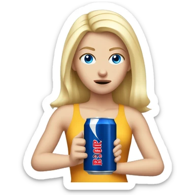 Angry blonde white girl with blue eyes holding a redbull sticker