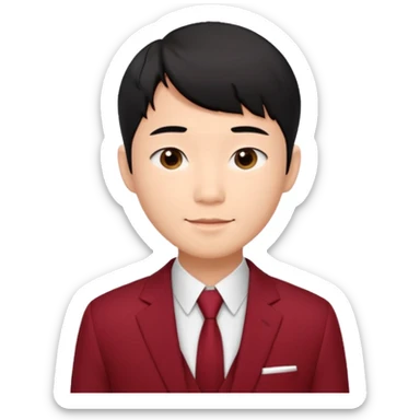 handsome Asian man emoji, short black hair with soft fringe, clean and elegant look, fair skin, gentle smile, wearing dark red suit and white shirt sticker