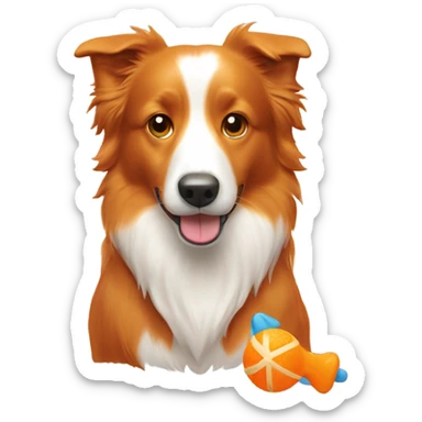 A orange border collie with a dog toy sticker