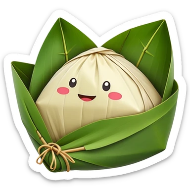 Rice dumpling Zongzi wrapped in bamboo leaves, simplified emoji style with bold outlines and bright colors, cartoon style sweet glutinous rice treat sticker
