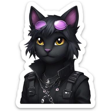 Gorgeous furry dark punk techwear anime style anthro black cat fursona with blushing face aesthetic and pretty edgy black with collar and harness trending style sticker