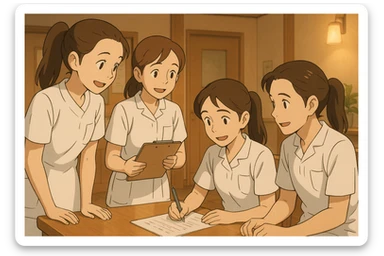 Quatre étudiants infirmiers, style Ghibli, travaillant ensemble à l'intérieur, tenues blanches à manches courtes, hauts type tunique médicale col en V, poche poitrine à gauche, pas de pied de col, pas de stéthoscopes, avant-bras nus, cheveux longs attachés. Interaction visible, décor intérieur de centre de soins. sticker