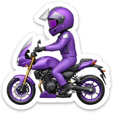 Créer un emoji avec une moto mt07 sport noir mate / violet iridescent très foncé. Avec une pilote dessus visière violet sombre faceless, bulle de la moto violet. Avec fond arrière violet, tenue complète casque inclus violet  sticker