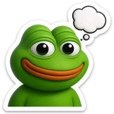 make a pepe in bright green smiling and looking straight at the camera with thought bubble looking at right right in 3d style, good highlights and shadows, drop shadows sticker