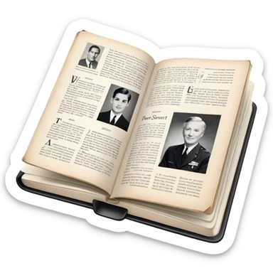 Icon for Non-Fiction & Narrative Reading: an open book with historical facts and narrative text on the pages, featuring black-and-white photos, news clippings, and an open folder with top-secret documents. Transparent background. sticker