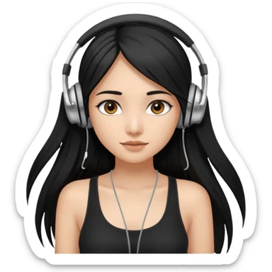 a fair indian girl with straight black long hair, wearing a black cami top. and wearing silver  headphones on sticker