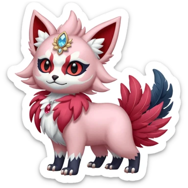 Floral feathery pastel pink and ruby-jewelry-adorned Absol-Litten-Amaura-fusion-Fakemon-animal-creature  sticker