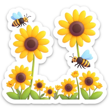 Two bees flying above yellow flowers with a sun in the background sticker