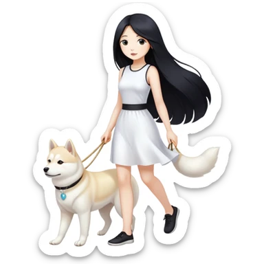 A beautiful girl with long black hair walks a white Shiba Inu sticker