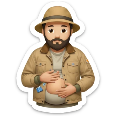 Bearded man rubbing pregnant belly poking out of shirt wearing a tan canvas carhartt jacket with  chinese hat on sticker