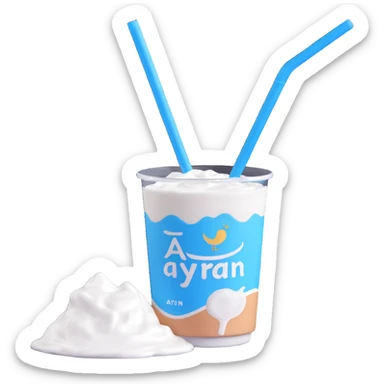 A small carton of Turkish yogurt drink (ayran) with a straw, white and blue packaging sticker