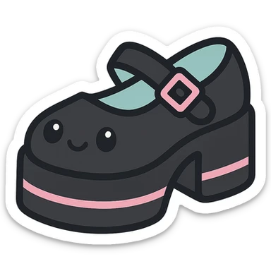 Make the shoes primarily black with pink and pastel accents, kawaii style, no socks, no hearts, transparent background sticker