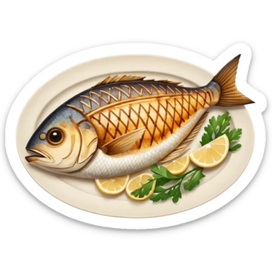 create a Whole good brownish Grilled Fish Camera angle: slightly elevated top-down view with a gentle bird’s-eye perspective (about 15–20°), identical perspective and scaled do not add anything on plate

 sticker