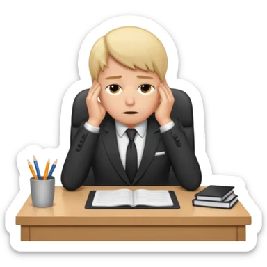 Professional person experiencing burnout, exhausted and overwhelmed, tired eyes, slumped posture, sitting at a desk, iOS emoji style sticker