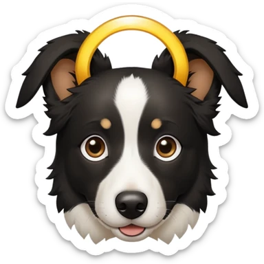 Black border collie with short hair - white dots over his eyebrows - with a halo over his head sticker