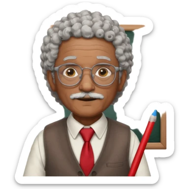 old man teacher, brown skin, curly grey white hai, wearing glasses, brown vest, red tie hold chalk on hand sticker