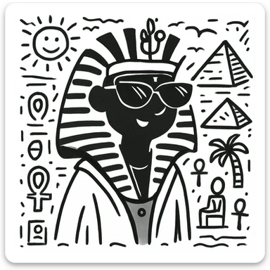 Add an Egyptian background behind the pharaoh with sunglasses and black skin, maintaining the doodle style look. sticker