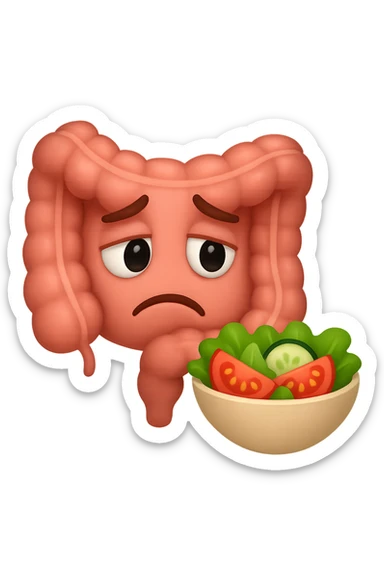 EMOJI STILE IPHONE DI UN INTESTINO UMANO ANATOMICO CHE GUARDA UN INSALATA CON ESPRESSIONE TRISTE E RASSEGNATA IN VOLTO: SOFFRE LA FAME PERCHé è A DIETA, FAGLI ANCHE LA PARTE BIANCA DEGLI OCCHI, NON SOLO LE PUPILLE sticker