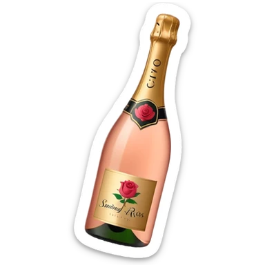 bottle of sparkling rosé champagne with a rose logo on the label, with the cork popping out from the top, tilted up and to the left, no glass sticker