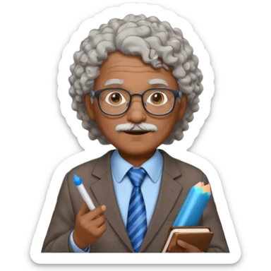 old man teacher, brown skin, curly grey white hai, wearing glasses, brown suit, blue tie hold chalk on hand sticker