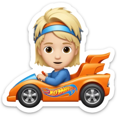 Kid with blonde hair driving a hot wheels sticker