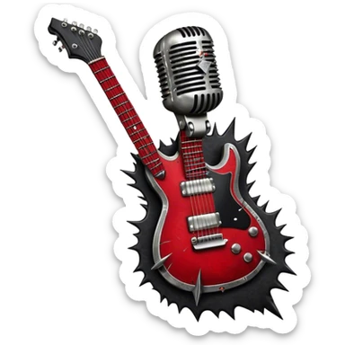 Create a powerful and dynamic humanless emoji representing rock vocals. The design should feature a classic vintage microphone with a rugged, distressed look, surrounded by elements like a guitar pick, electric guitar neck, and sound waves to reflect the raw energy of rock music. Add subtle details such as a spiked bracelet, leather textures, or bold lightning bolts to evoke the rebellious and intense spirit of rock. Use dark, edgy colors like black, red, silver, and metallic accents to emphasize the fierce, loud, and passionate nature of rock vocals. The background should be transparent. sticker