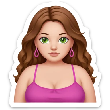 Baddie bratz girl with middle parted long wavy brown hair. green eyes. Plus size. pink spaghetti strap top. sticker