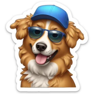 Caramel stray Dog wearing baseball hat sunglasses and have a big curly hait sticker